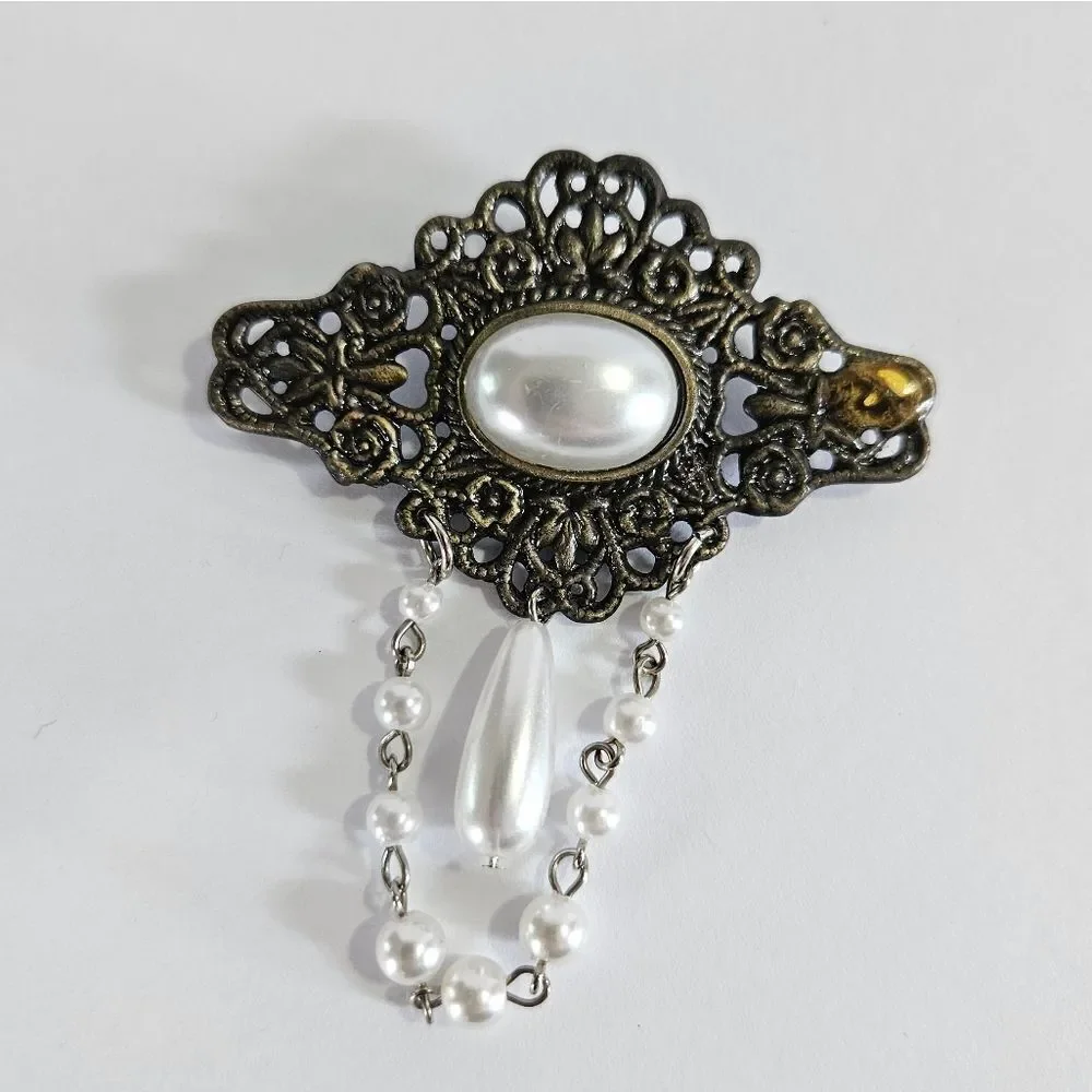 Vintage Faux Pearl Teardrop Filigree Dangle Chains Victorian Style Brooch Pin